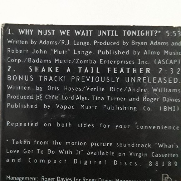 TINA TURNER - WHY MUST WE WAIT UNTIL TONIGHT - SHAKE A TAIL - 1993 CASSETTE - Picture 3 of 3